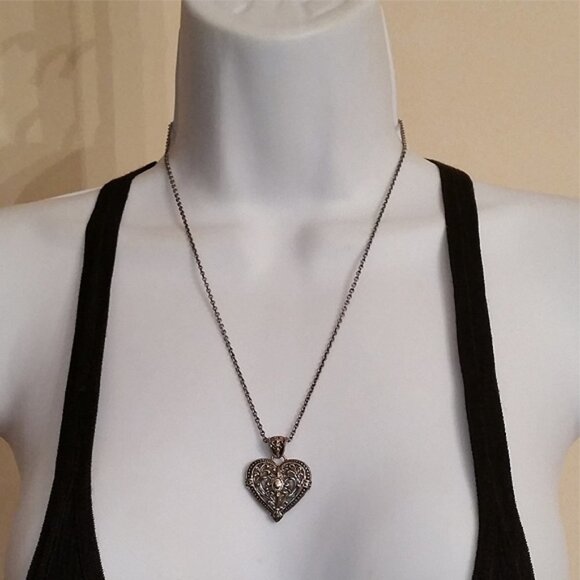 𝅺Sterling silver and 14k gold Dmc hefty filigree heart  rope necklace romantic. - Picture 1 of 5